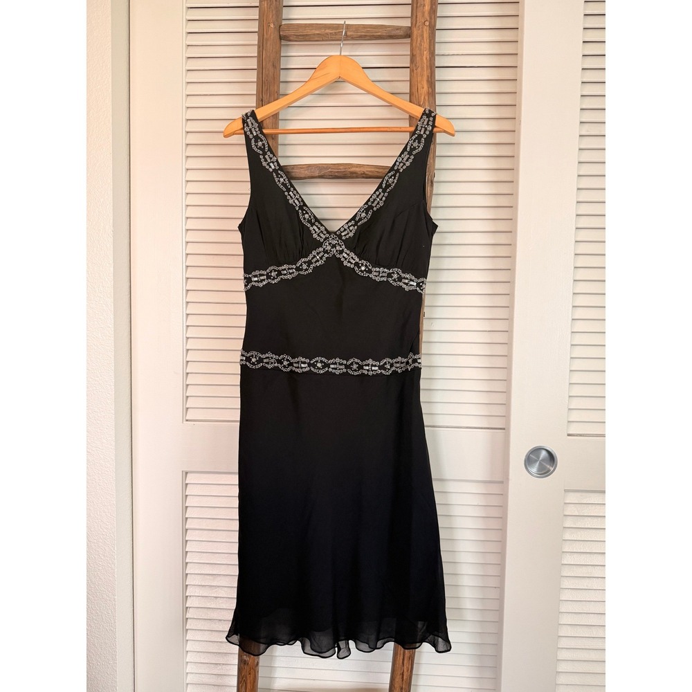 Y2K Basix II Cocktail‎ Dress 12 Black Silver Beaded V-Neck Chiffon Knee Length